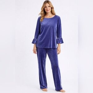 Talbots Velvet Royal Blue Pajama Set Size Large Ruffled Sleeve Top Straight Legs